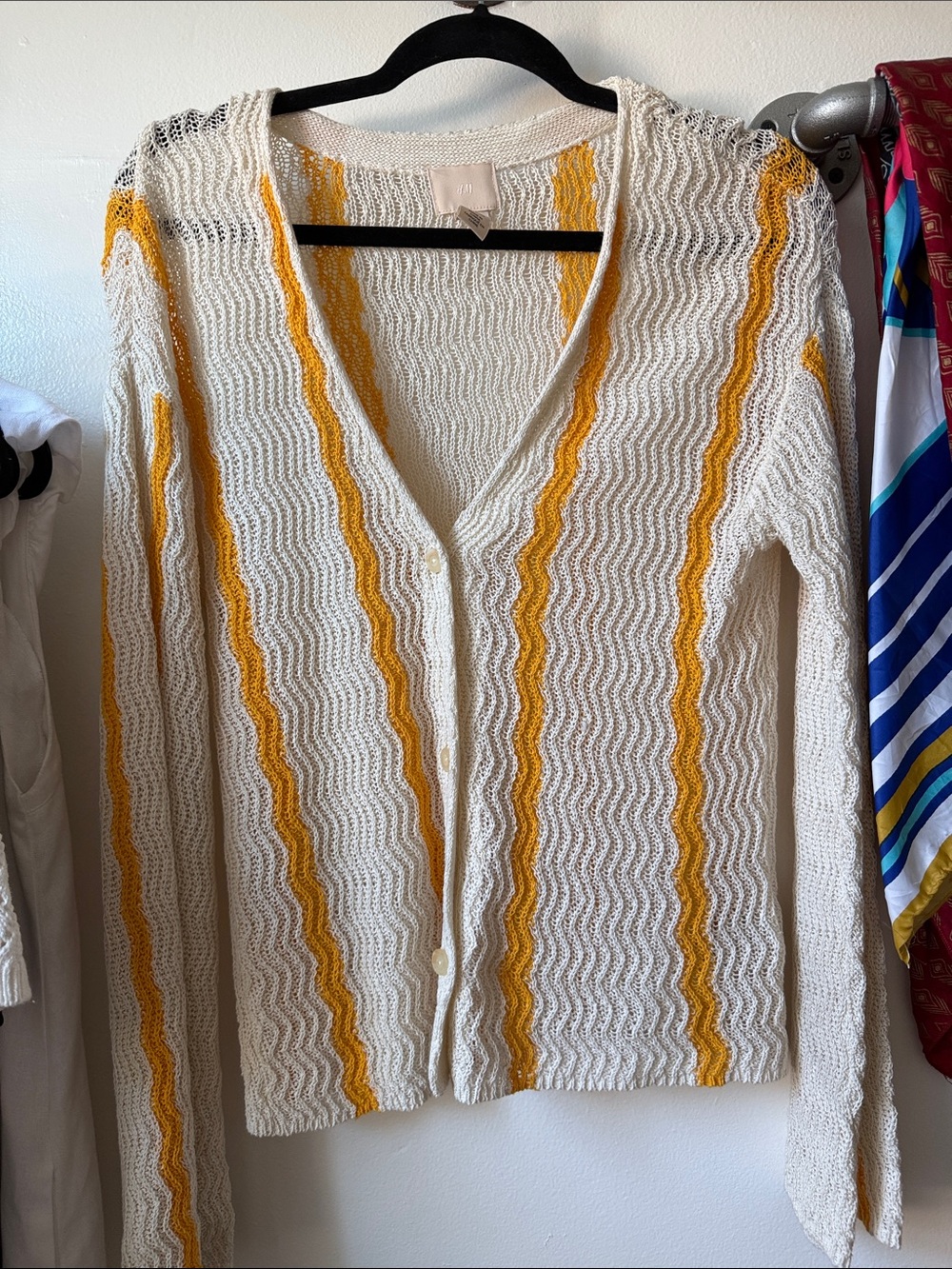 H&M Cream Knit Cardigan with Yellow Stripe Detail